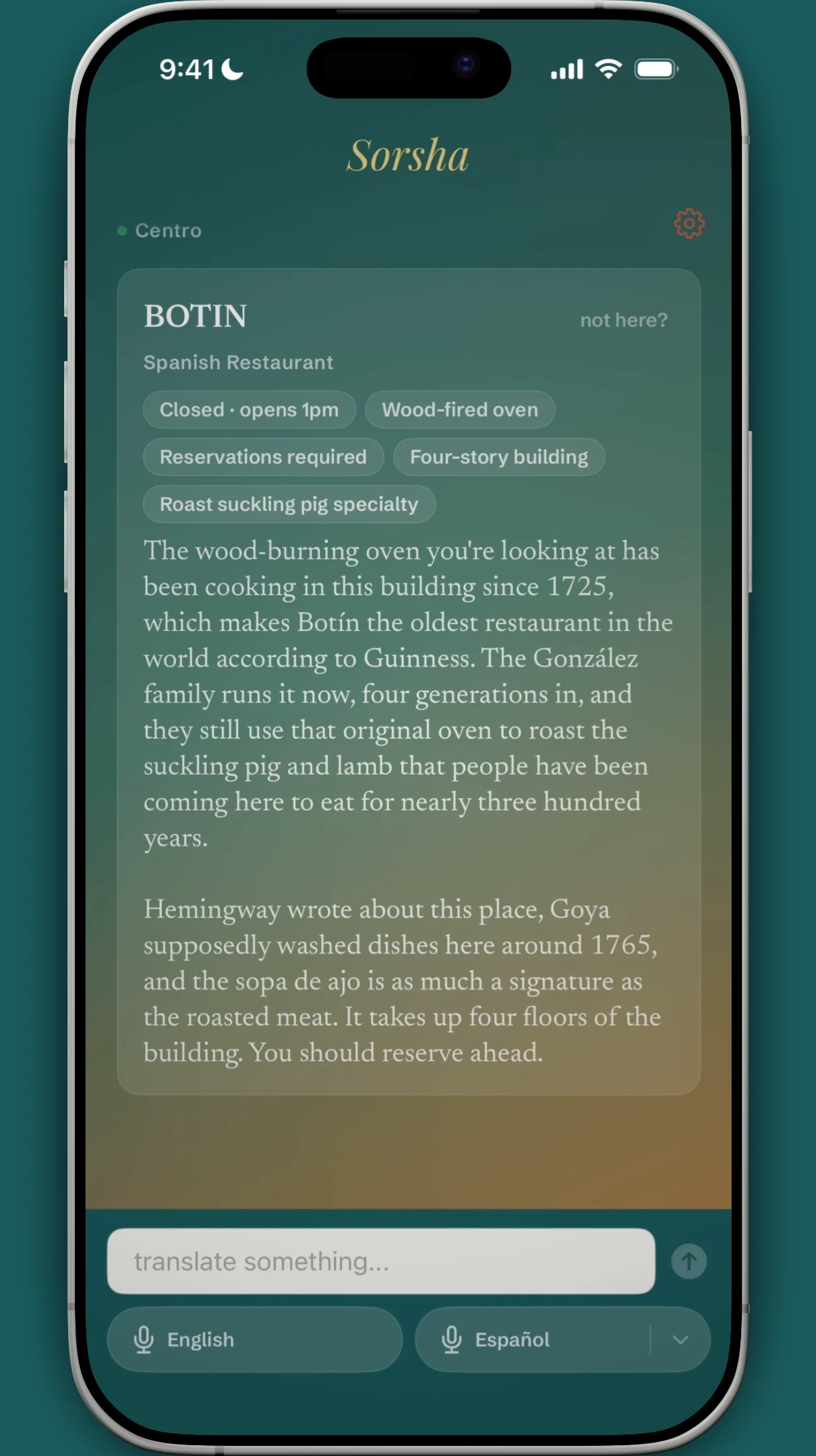 Sorsha app screenshot showing a brief for Botín, a historic restaurant in Madrid