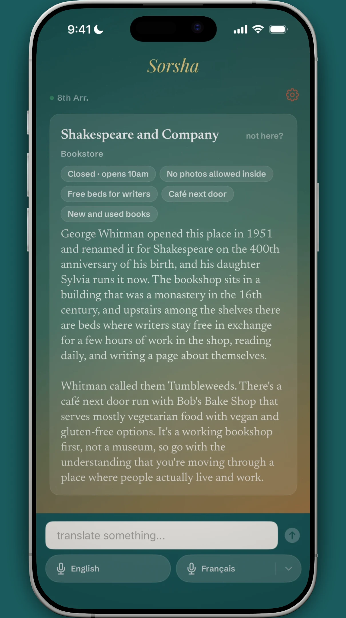 Sorsha app screenshot showing a brief for Shakespeare and Company bookstore in Paris